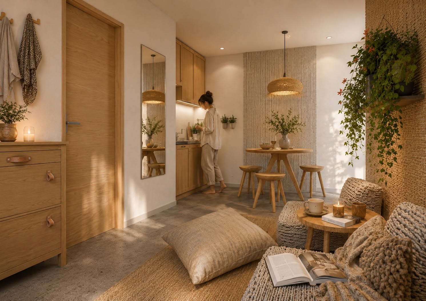 Studio apartment kitchen and lounge — shared-living visualisation