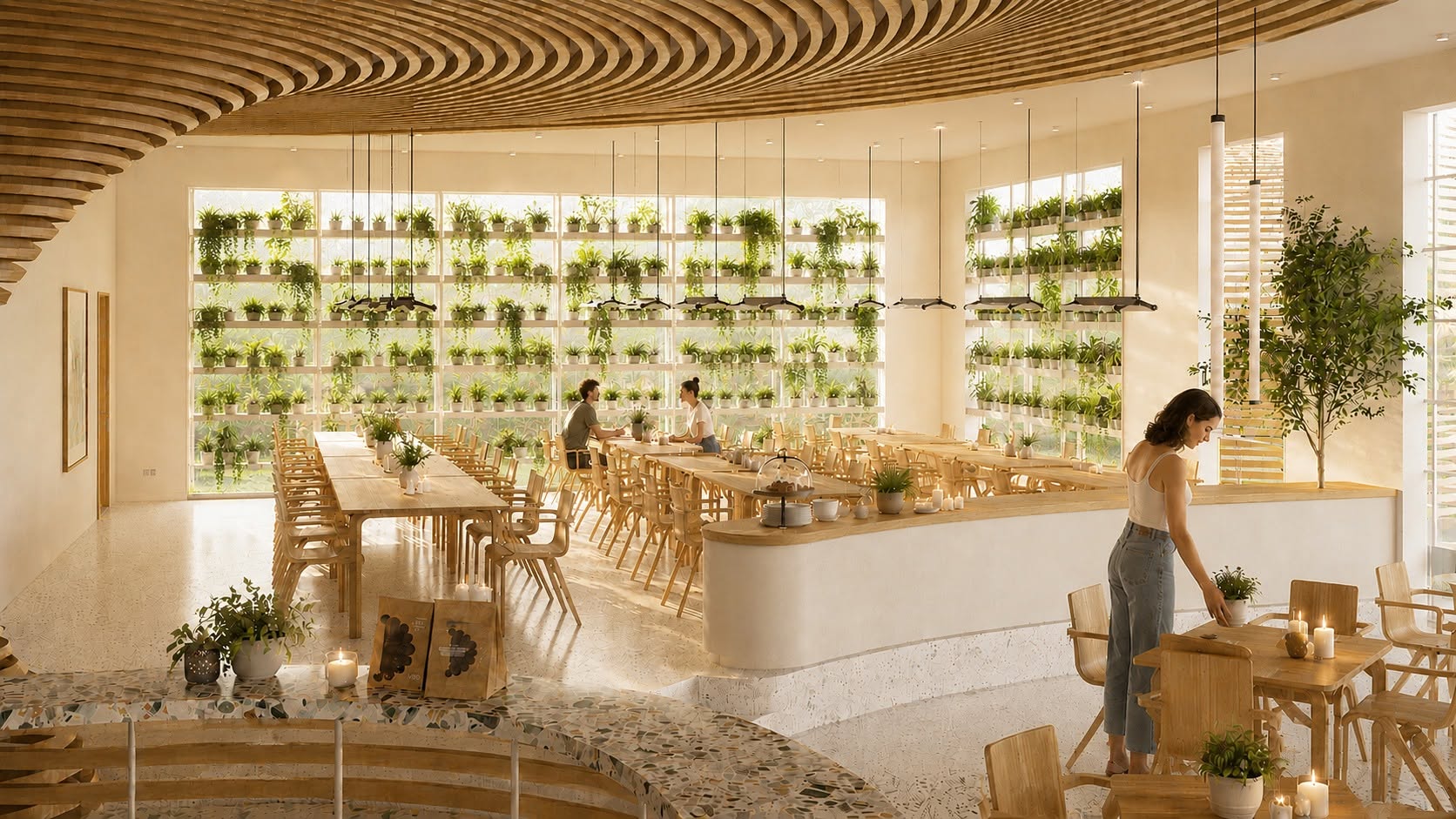 Community dining hall with living plant wall — shared-living visualisation